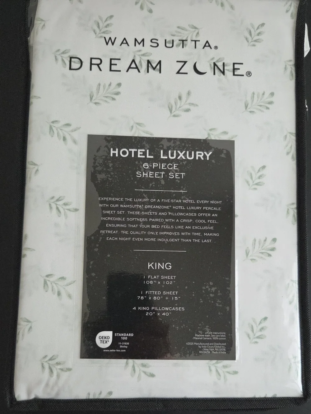 Wamsutta Dream Zone KING Cotton Percale 6 piece Sheet Set Green Leaf on white